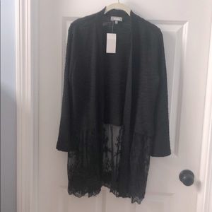 Neiman Marcus Black Open Cardigan with Lace Bottom